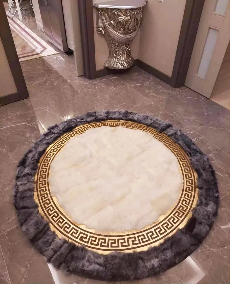 100%Natural Handmade Circle White Gray Sheepskin Living Room Round Rug