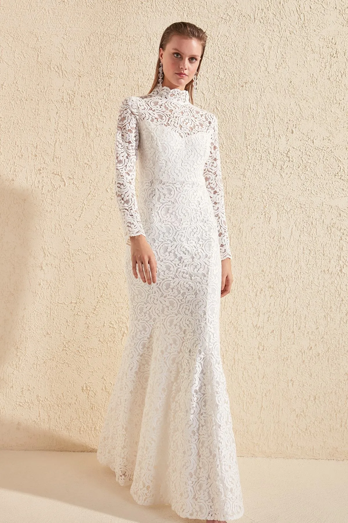 16442 Ecru High Collar Lace Mermaid Dress