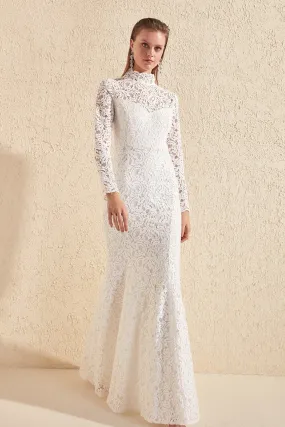 16442 Ecru High Collar Lace Mermaid Dress