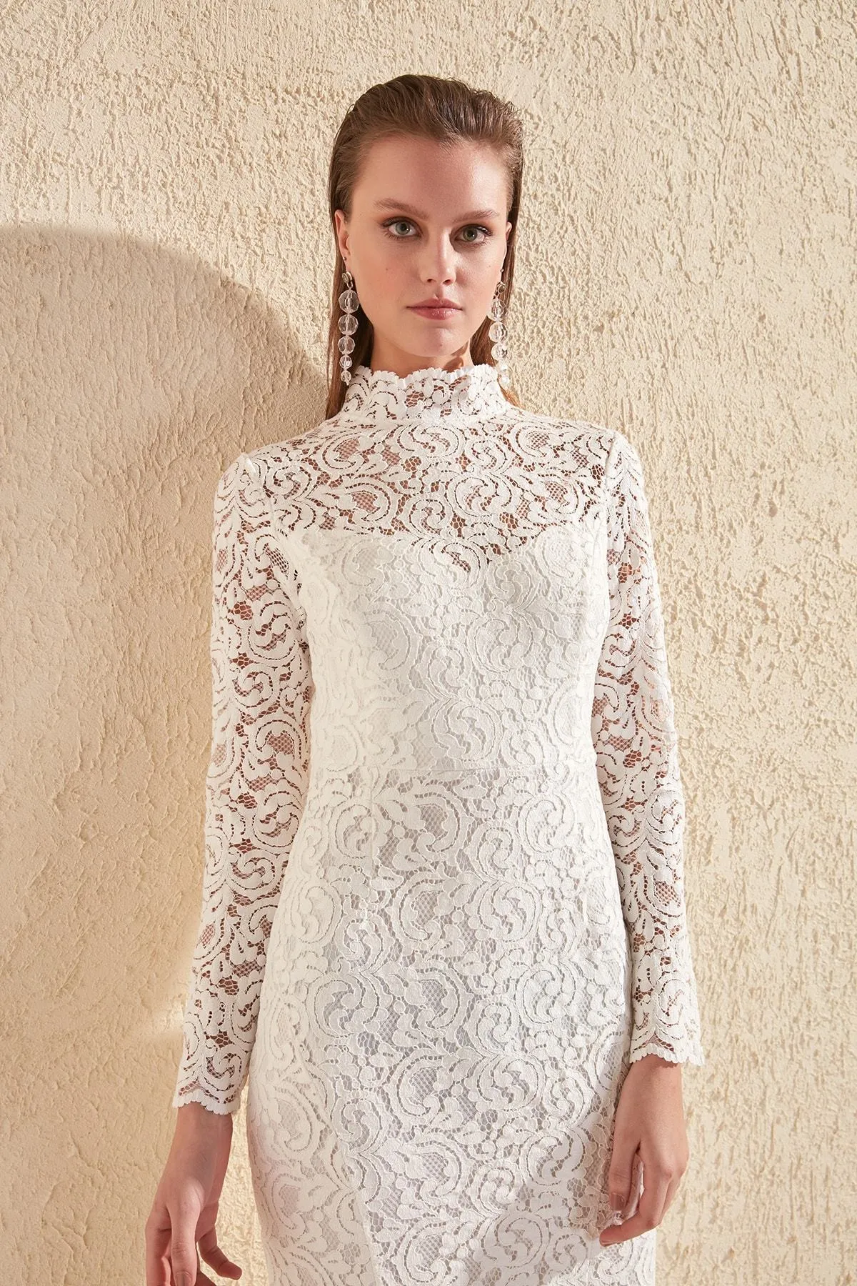 16442 Ecru High Collar Lace Mermaid Dress
