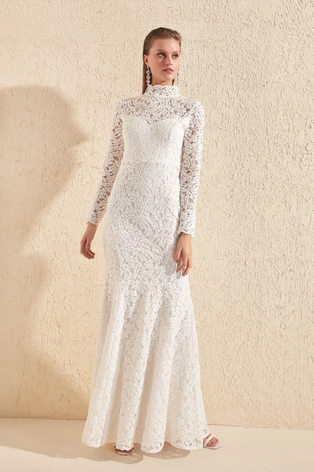 16442 Ecru High Collar Lace Mermaid Dress