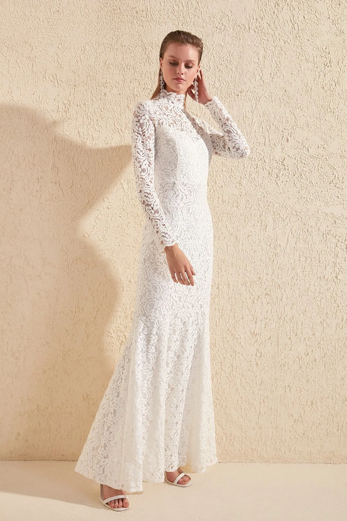 16442 Ecru High Collar Lace Mermaid Dress
