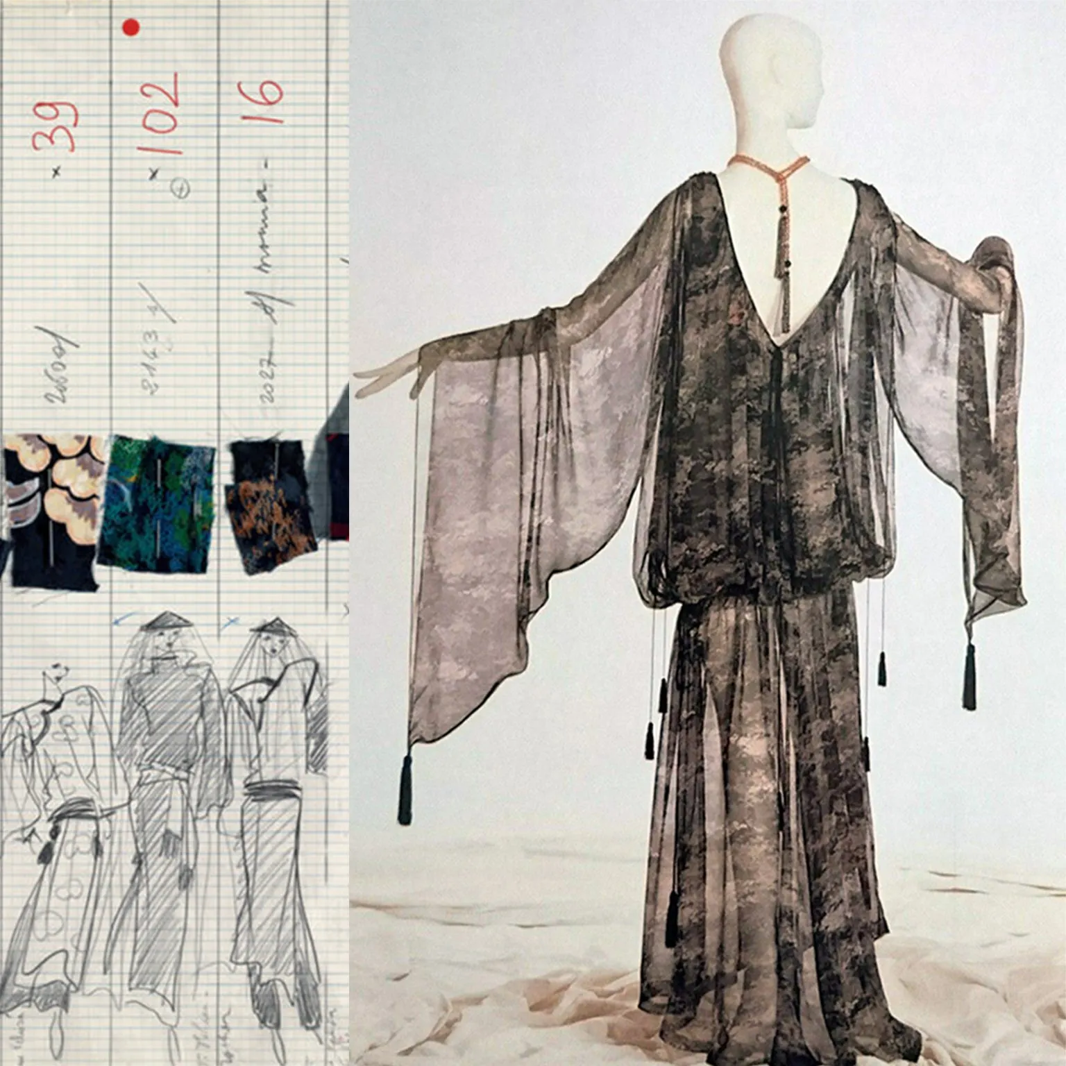 1977 Yves Saint Laurent Les Chinoises Couture Brown & Orange Silk Chiffon Blouse