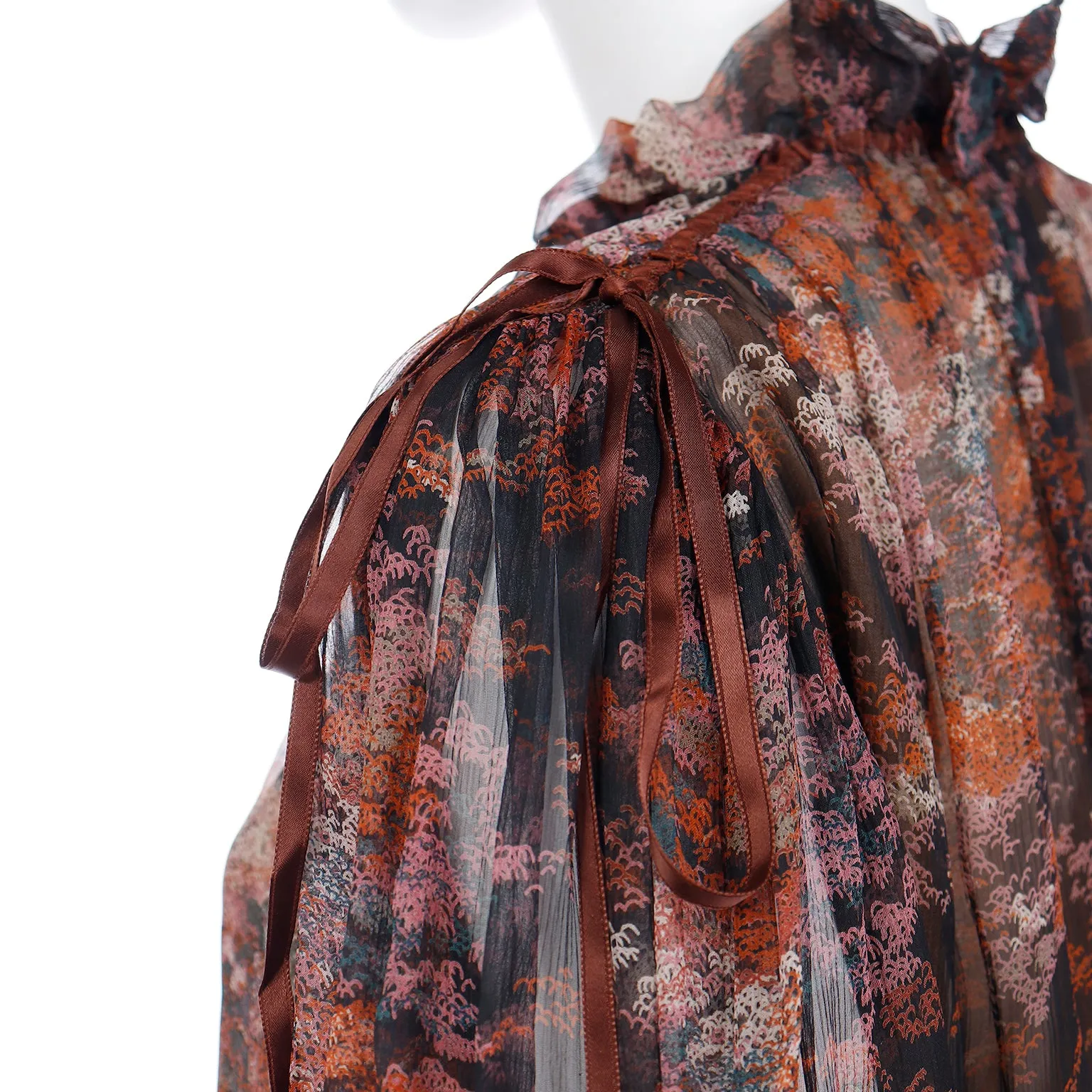 1977 Yves Saint Laurent Les Chinoises Couture Brown & Orange Silk Chiffon Blouse