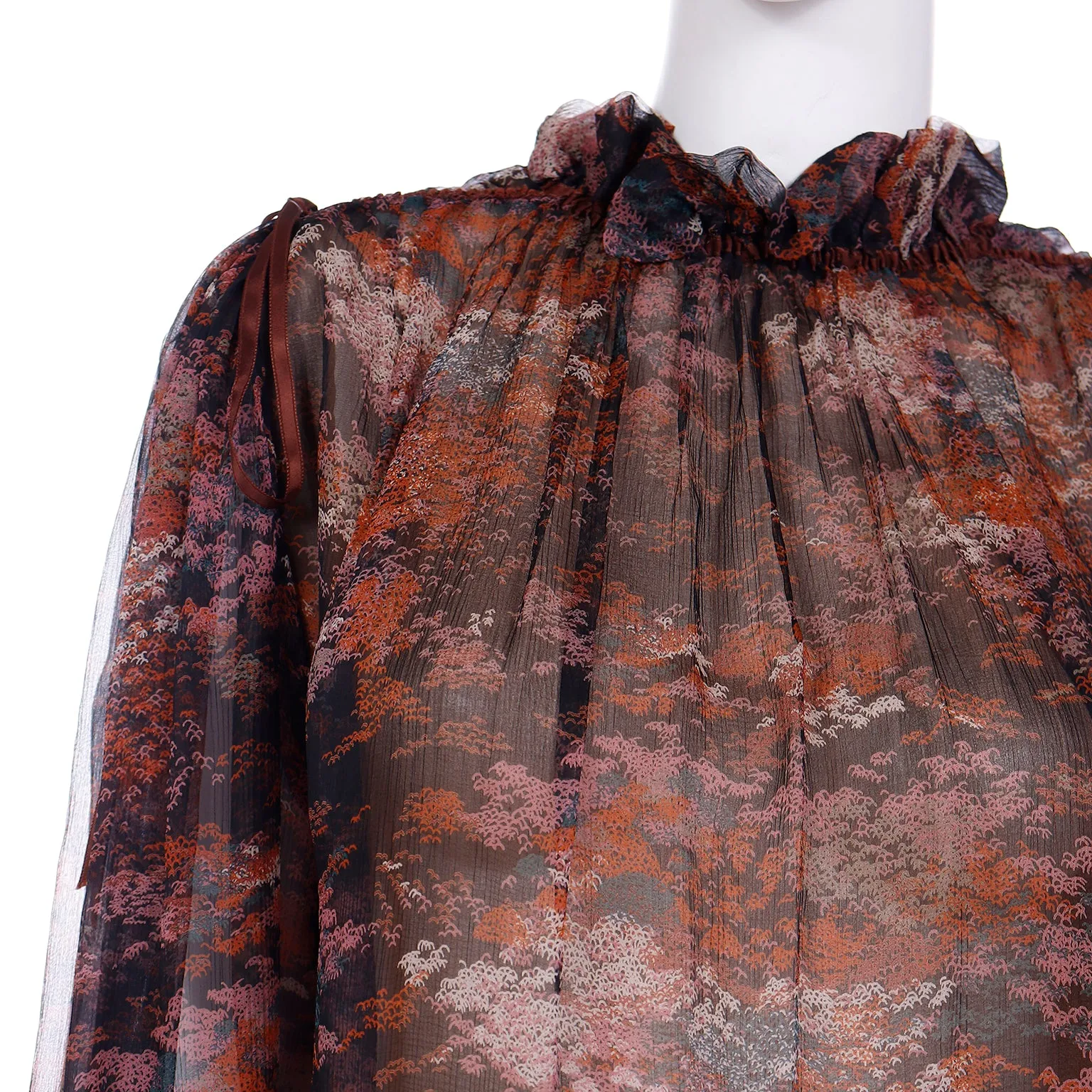 1977 Yves Saint Laurent Les Chinoises Couture Brown & Orange Silk Chiffon Blouse