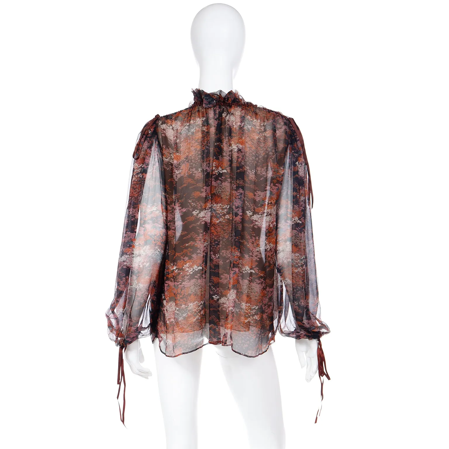 1977 Yves Saint Laurent Les Chinoises Couture Brown & Orange Silk Chiffon Blouse