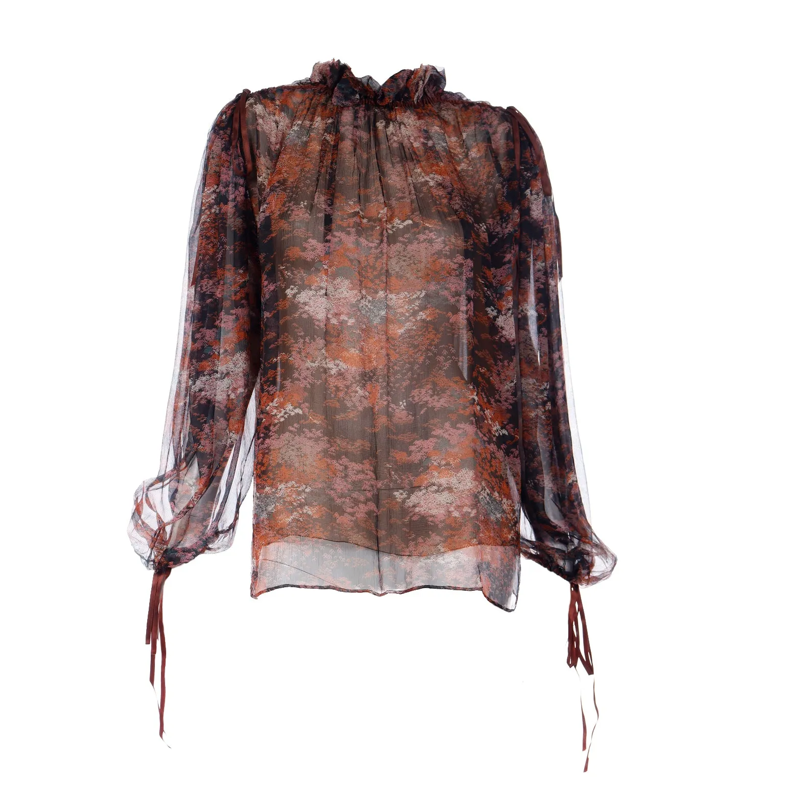 1977 Yves Saint Laurent Les Chinoises Couture Brown & Orange Silk Chiffon Blouse