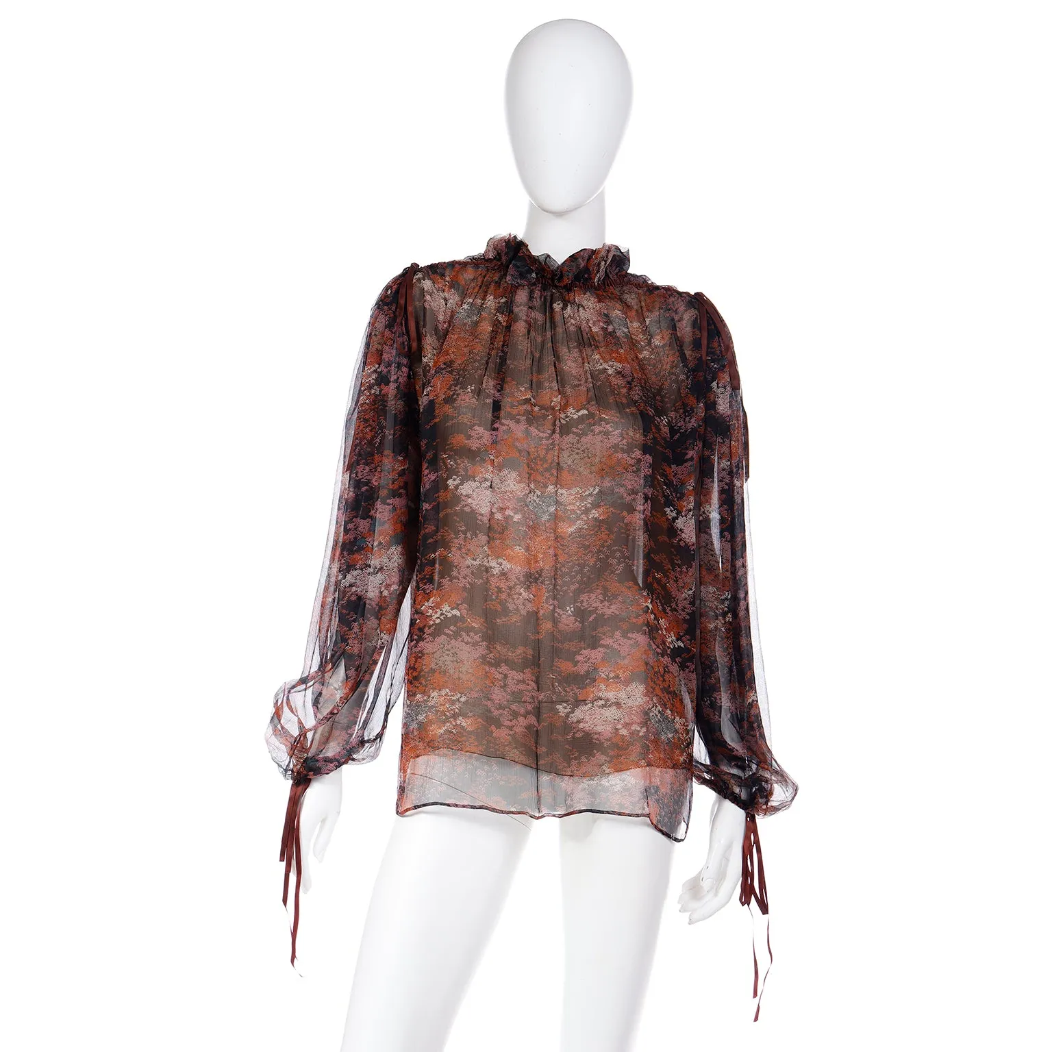 1977 Yves Saint Laurent Les Chinoises Couture Brown & Orange Silk Chiffon Blouse