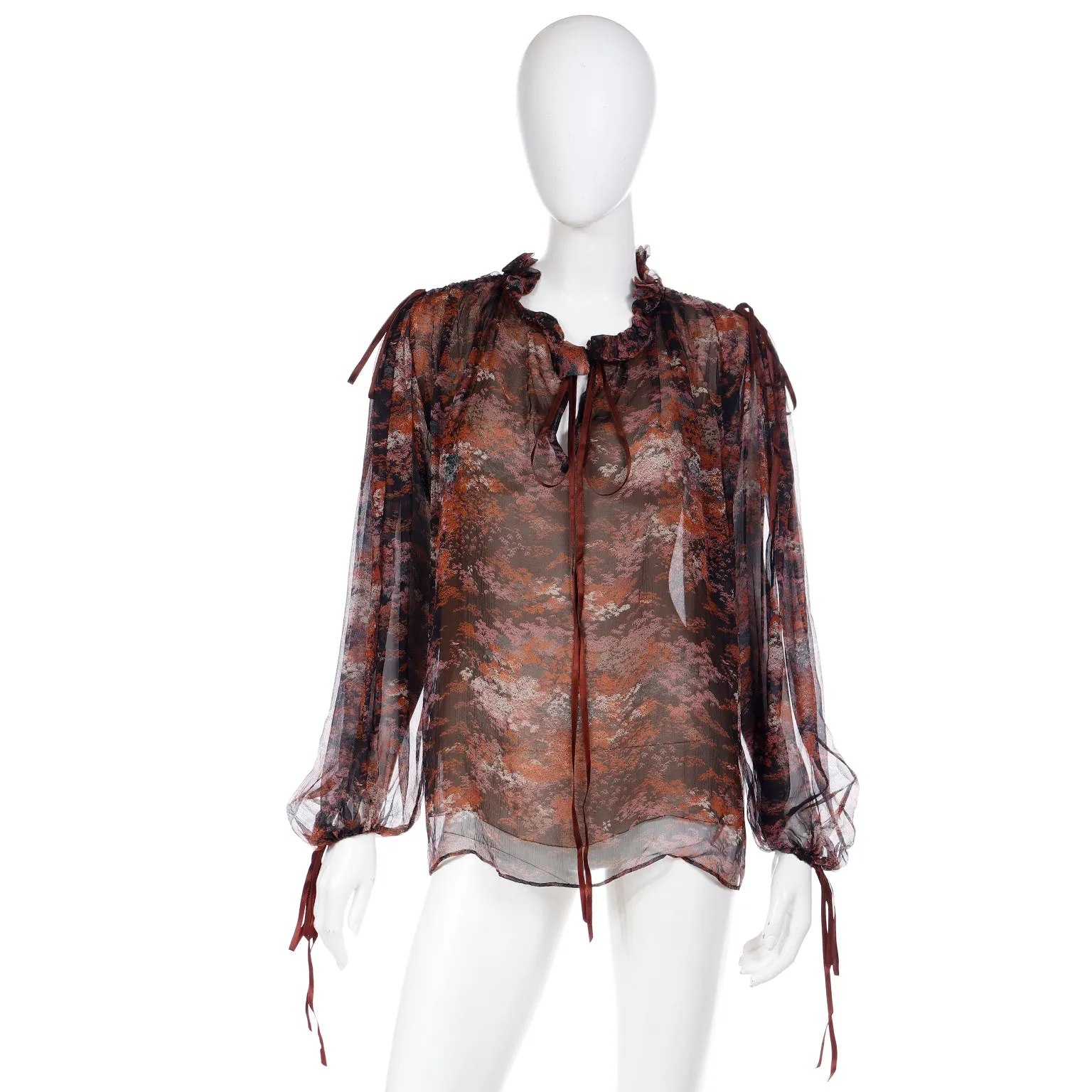 1977 Yves Saint Laurent Les Chinoises Couture Brown & Orange Silk Chiffon Blouse