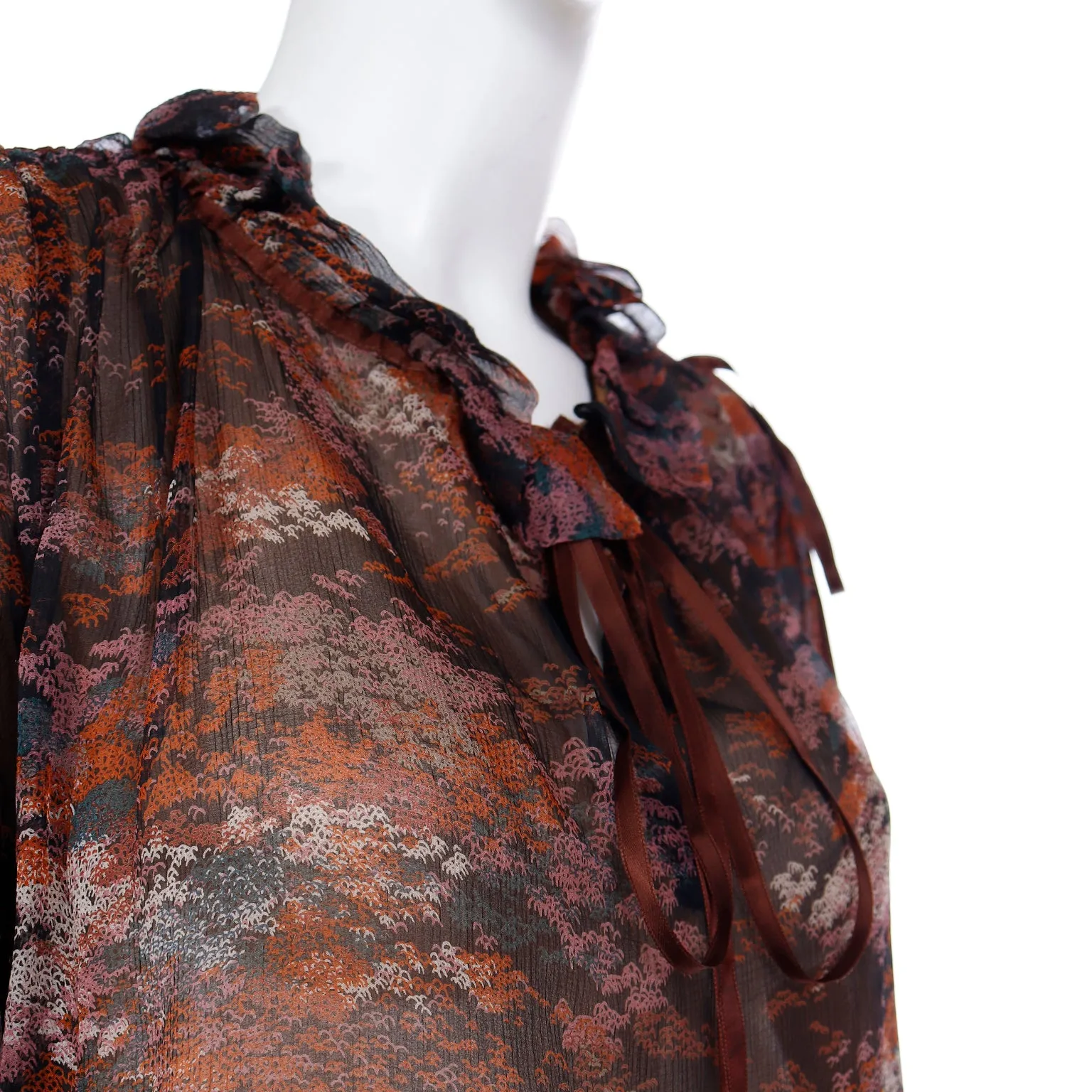 1977 Yves Saint Laurent Les Chinoises Couture Brown & Orange Silk Chiffon Blouse