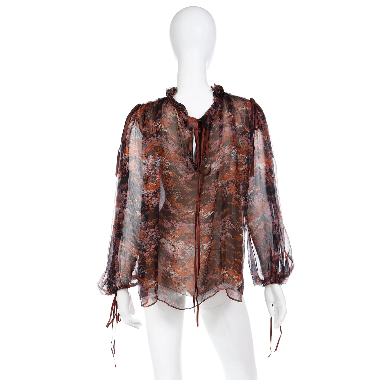 1977 Yves Saint Laurent Les Chinoises Couture Brown & Orange Silk Chiffon Blouse