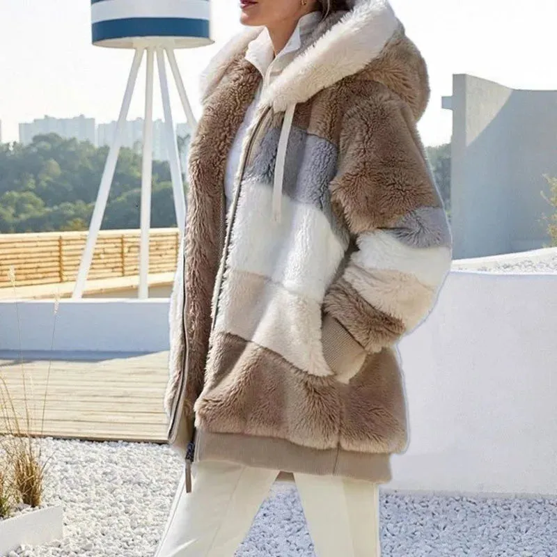 2021 Autumn Winter  Warm Plush Patchwork Zipper Pocket  Hooded Loose Coat Women