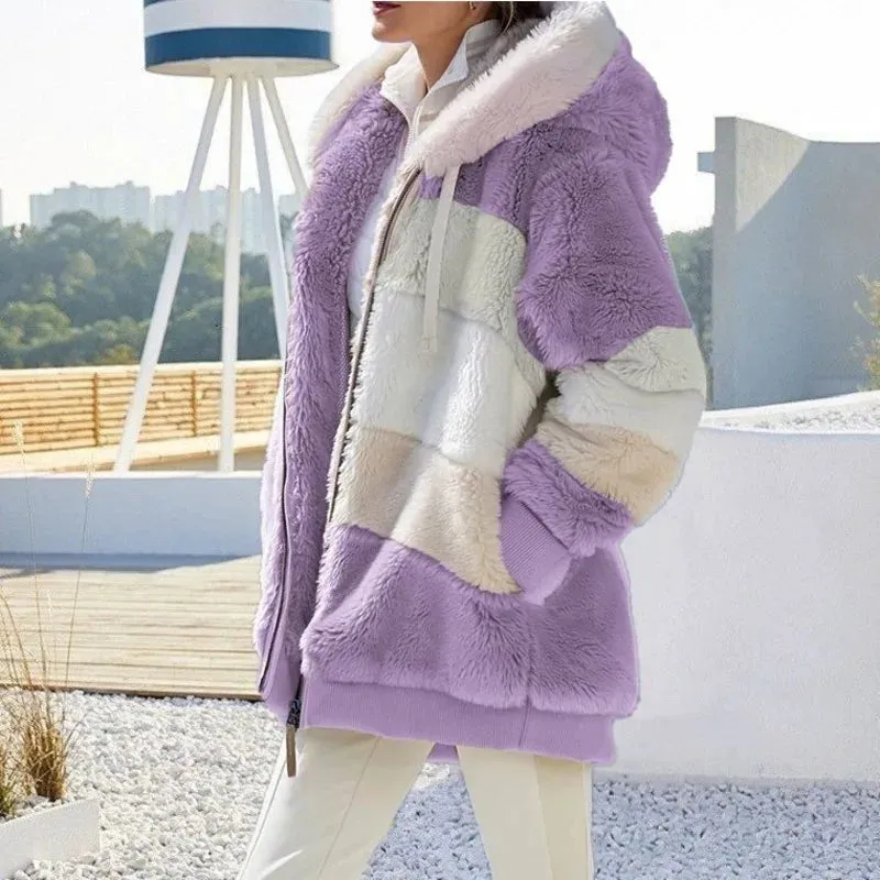 2021 Autumn Winter  Warm Plush Patchwork Zipper Pocket  Hooded Loose Coat Women