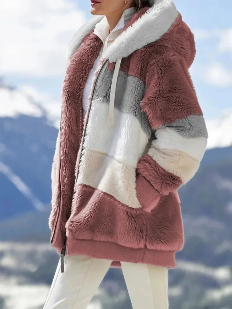2021 Autumn Winter  Warm Plush Patchwork Zipper Pocket  Hooded Loose Coat Women
