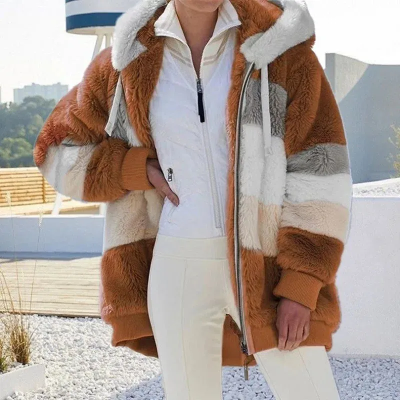 2021 Autumn Winter  Warm Plush Patchwork Zipper Pocket  Hooded Loose Coat Women