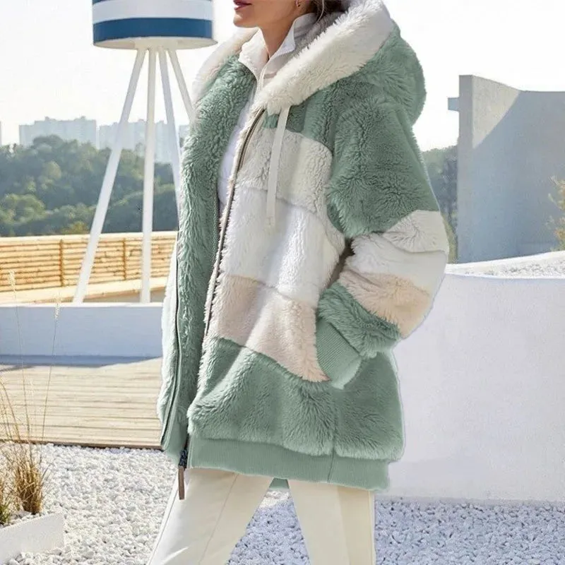 2021 Autumn Winter  Warm Plush Patchwork Zipper Pocket  Hooded Loose Coat Women