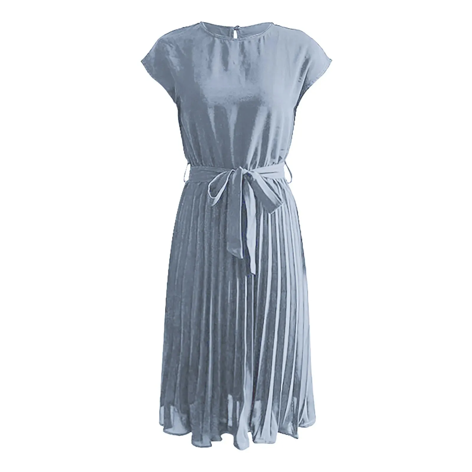 2024 Women's Solid Ruffle Hem Flowy Belted Short Sleeve Round Collar Midi Dress with Free Shipping