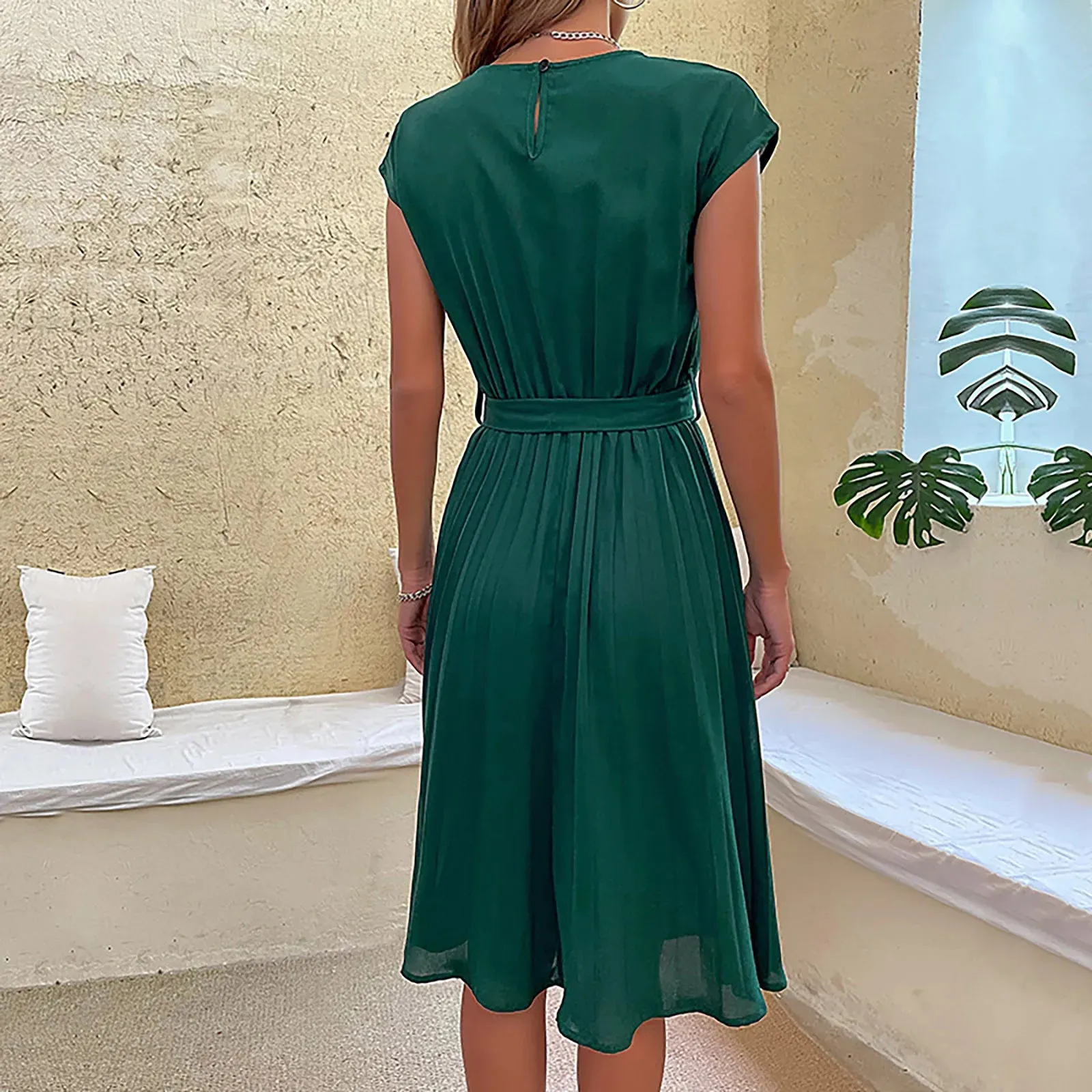 2024 Women's Solid Ruffle Hem Flowy Belted Short Sleeve Round Collar Midi Dress with Free Shipping