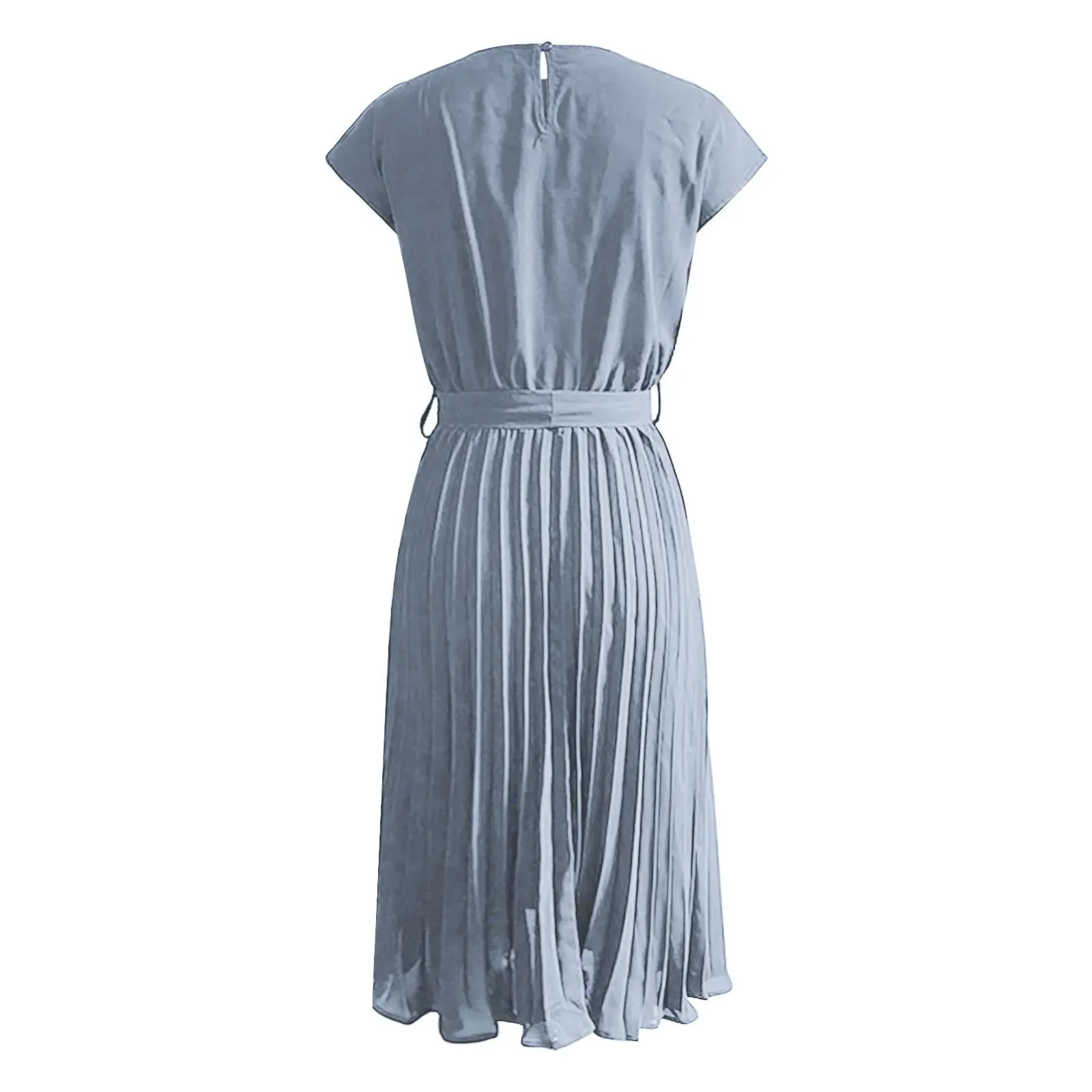 2024 Women's Solid Ruffle Hem Flowy Belted Short Sleeve Round Collar Midi Dress with Free Shipping