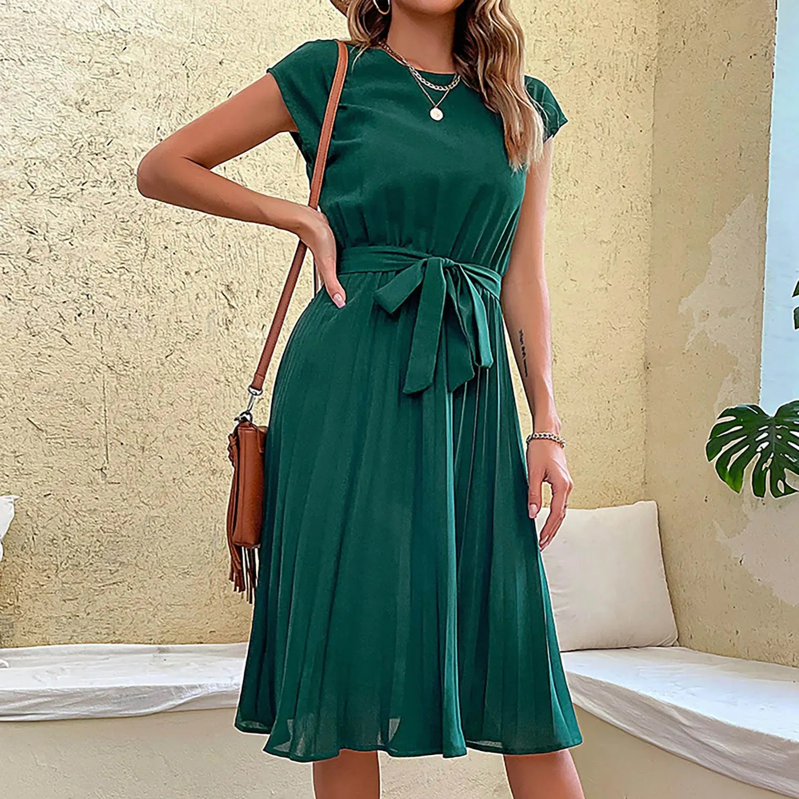 2024 Women's Solid Ruffle Hem Flowy Belted Short Sleeve Round Collar Midi Dress with Free Shipping