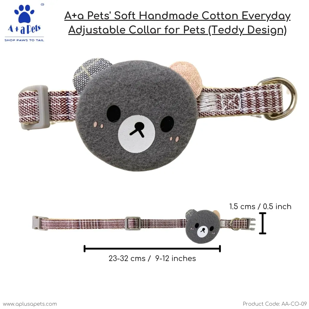 A a Pets' Teddy Design Soft Handmade Cotton Everyday Adjustable Cat Collar - Grey