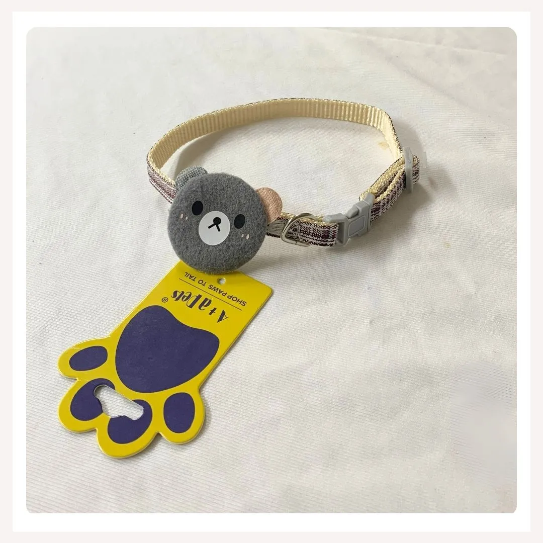 A a Pets' Teddy Design Soft Handmade Cotton Everyday Adjustable Cat Collar - Grey
