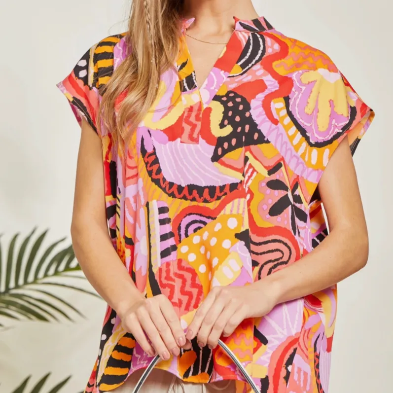 Abstract Thoughts Printed Multicolor Cap Sleeve Top