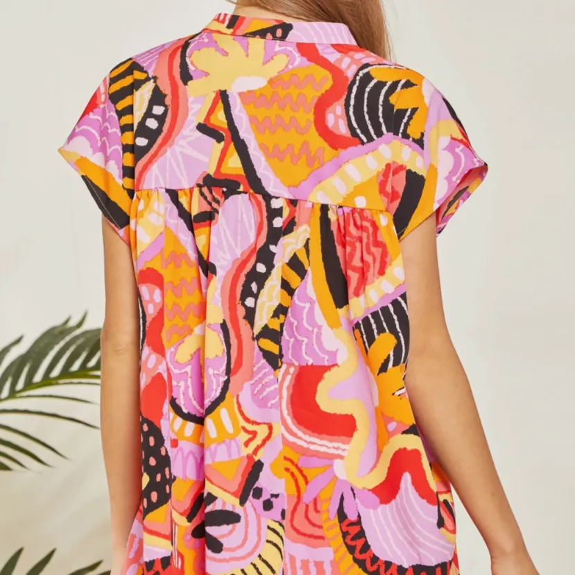 Abstract Thoughts Printed Multicolor Cap Sleeve Top