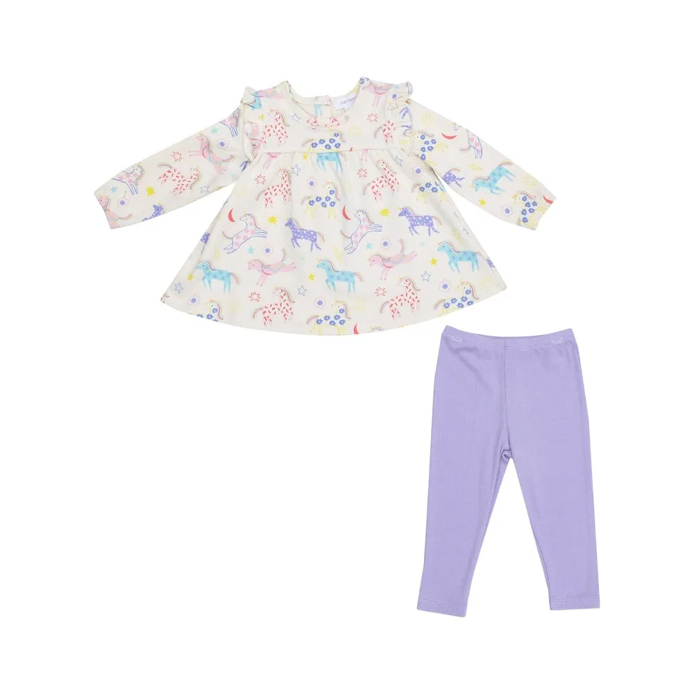 Angel Dear French Terry Fun Unicorns Ruffle Top Tunic and Rib Legging Set