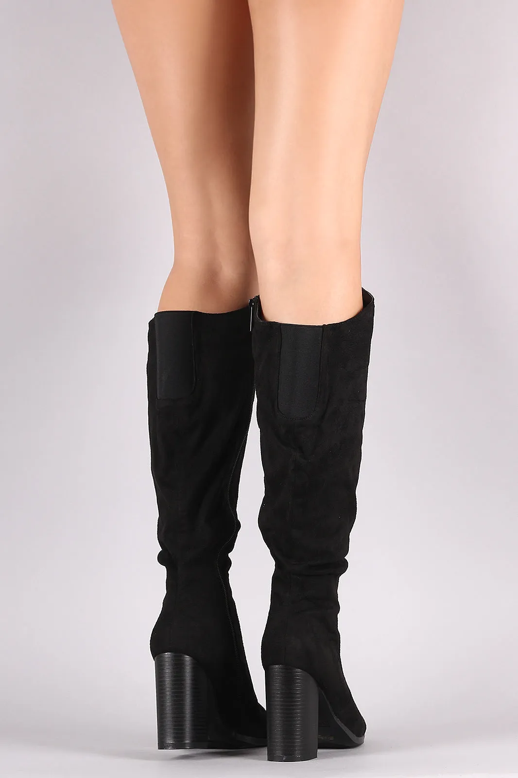 Bamboo Almond Toe Chunky Heeled Knee High Boots
