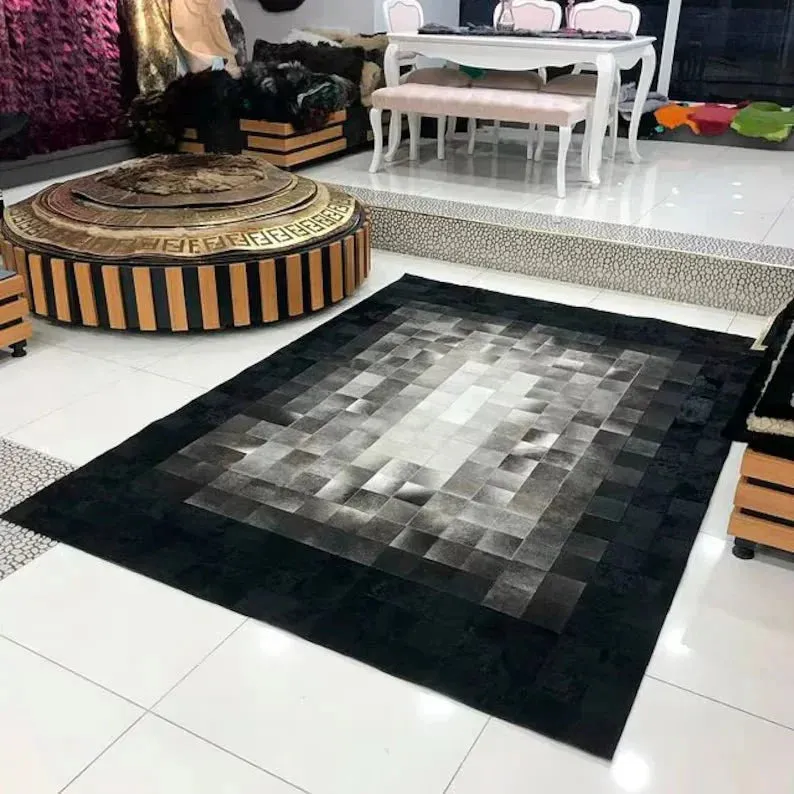 Black and Gray Natural Leather Cowhide 10x8 Rug, Handmade Genuine Cowhide Area Rug, Non Slip Rug