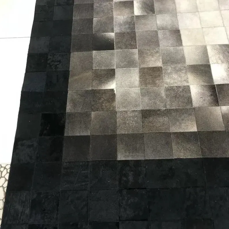 Black and Gray Natural Leather Cowhide 10x8 Rug, Handmade Genuine Cowhide Area Rug, Non Slip Rug