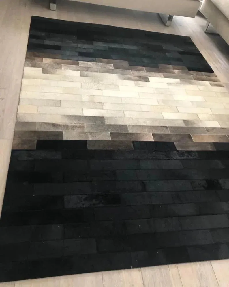 Black and White Handmade Natural Cowhide Area Rug for Living Room, Hair on Rug, Cowhide Patchwork Rug