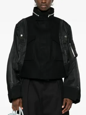 Black Zip-Collar Contrast-Panel Felt and Shell Jacket