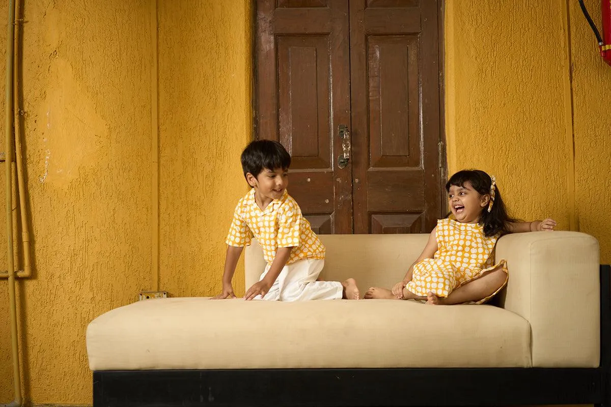 Boogie’ kids half sleeve shirt in yellow polka hand block print cotton