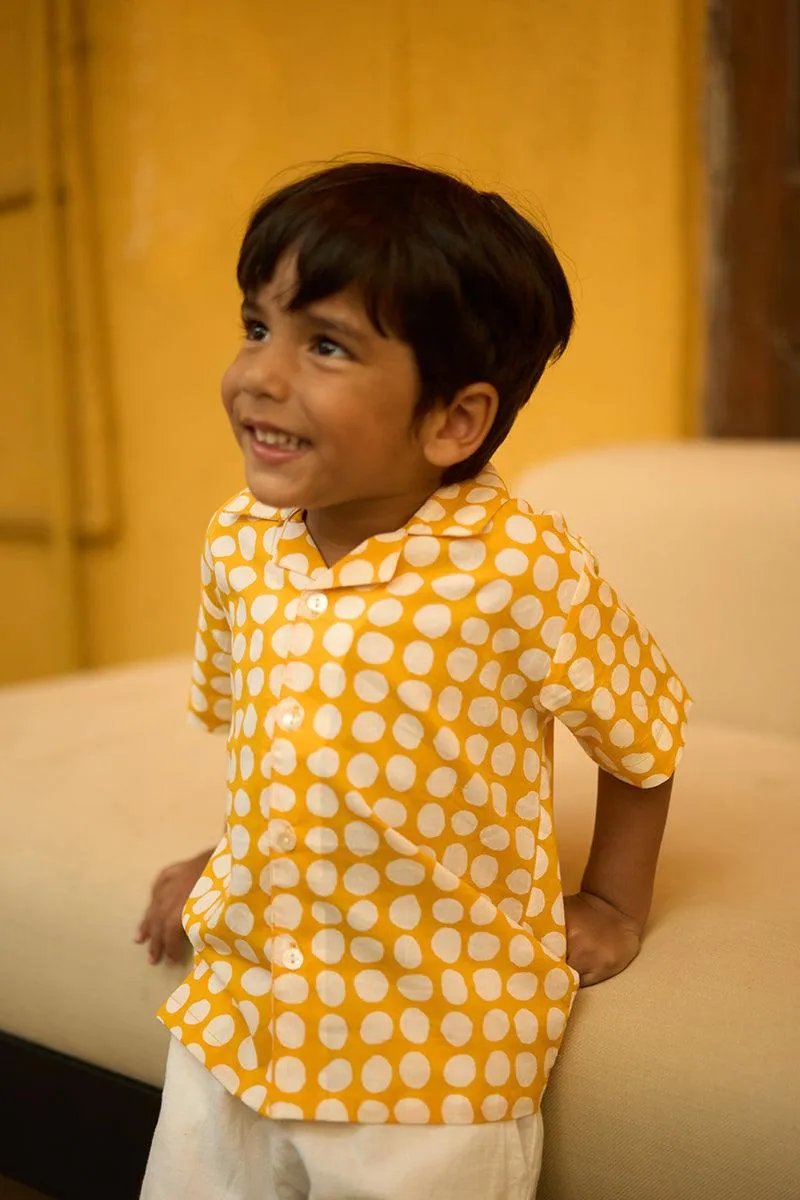 Boogie’ kids half sleeve shirt in yellow polka hand block print cotton