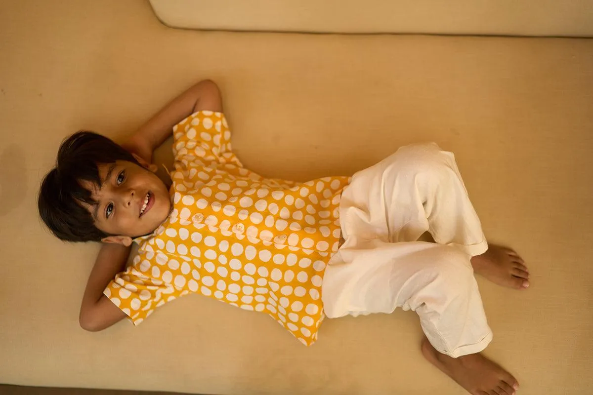 Boogie’ kids half sleeve shirt in yellow polka hand block print cotton