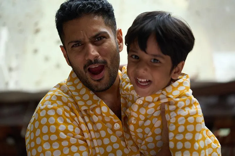 Boogie’ kids half sleeve shirt in yellow polka hand block print cotton