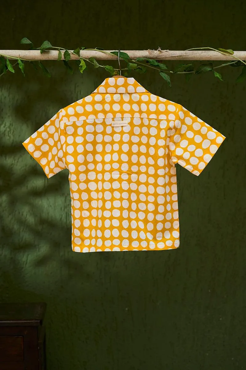Boogie’ kids half sleeve shirt in yellow polka hand block print cotton