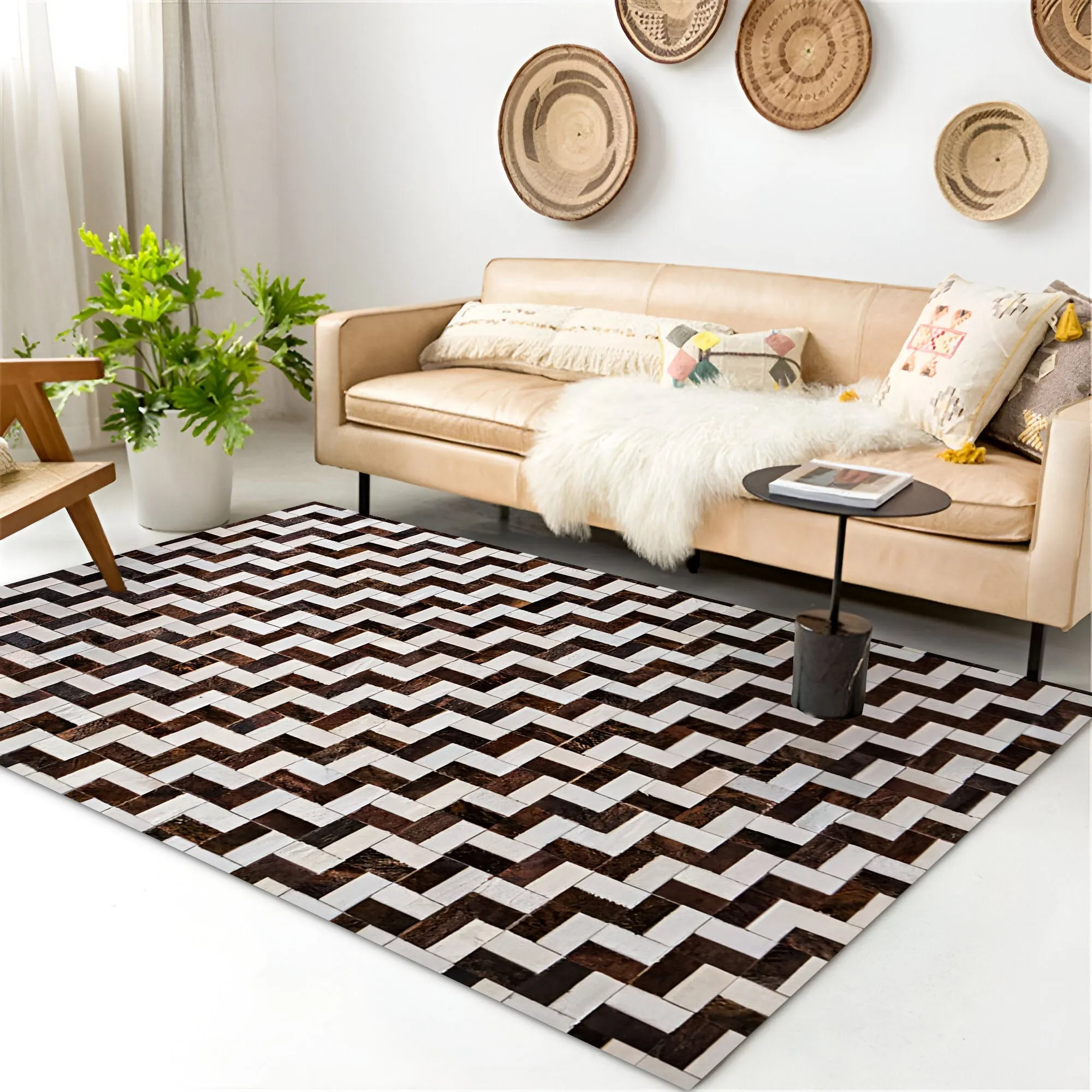Brown and White Cowhide Area Rug, High Quality Natural Leather Handmade Rug