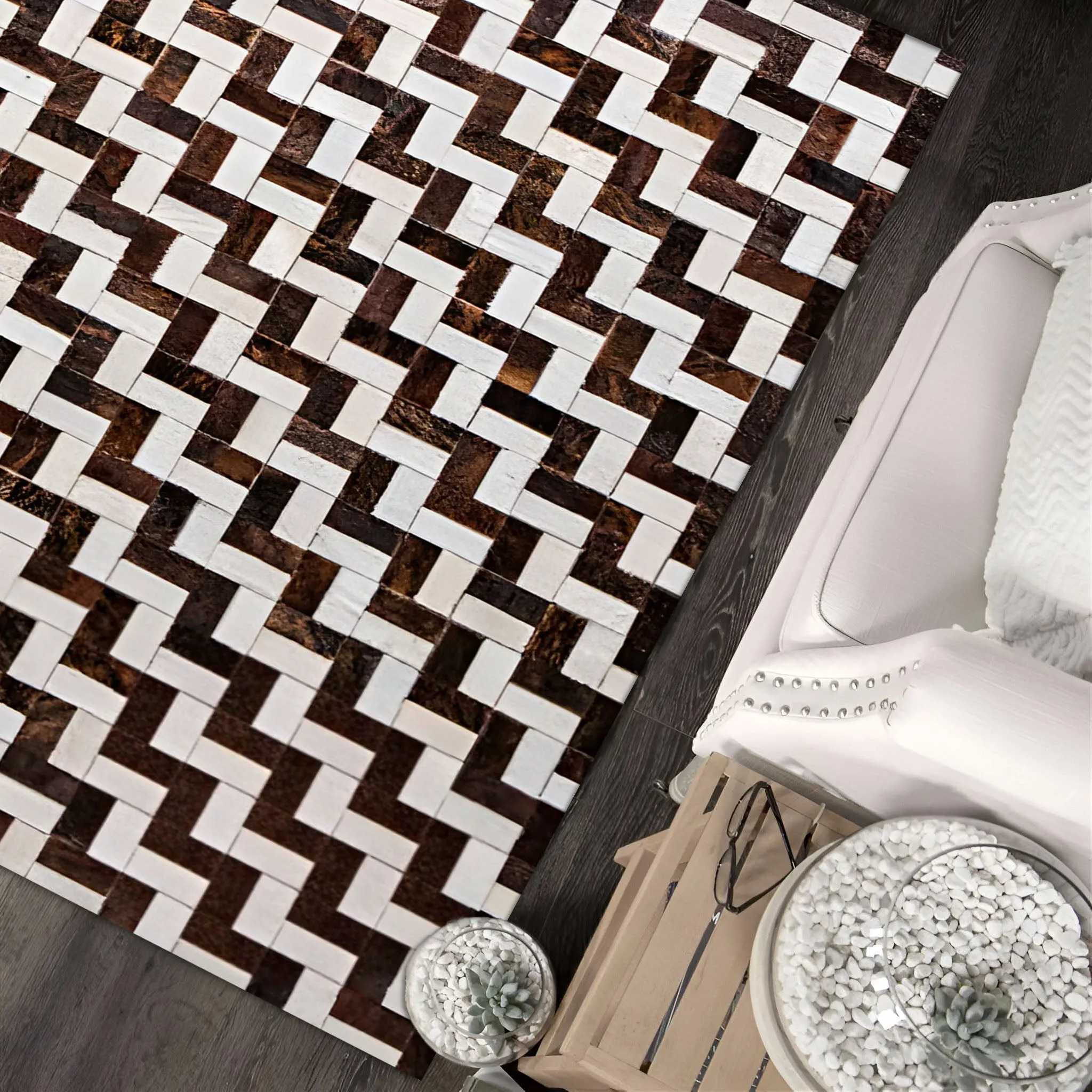 Brown and White Cowhide Area Rug, High Quality Natural Leather Handmade Rug