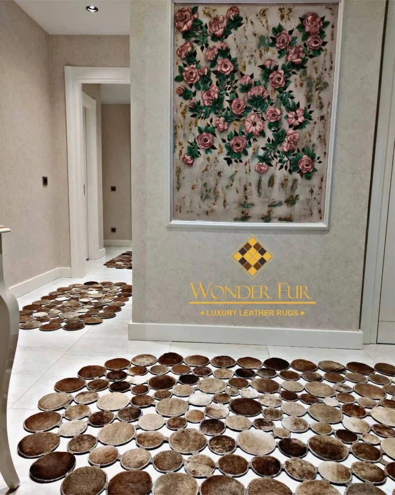 Brown Natural Cowhide Patchwork Rug, Handmade Runner Rug for Hallway