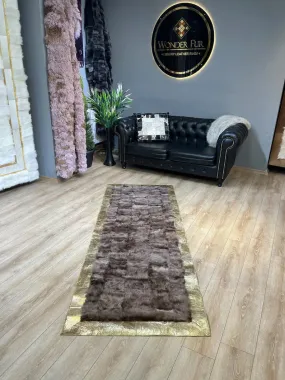 Brown Sheepskin Runner Rug With Gold Borders, Natural Handamde Elegance