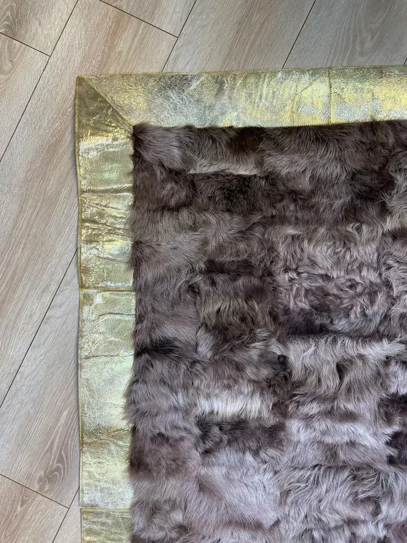 Brown Sheepskin Runner Rug With Gold Borders, Natural Handamde Elegance