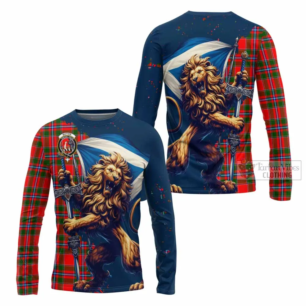 Butter Tartan Family Crest Long Sleeve T-Shirt with Scottish Majestic Lion