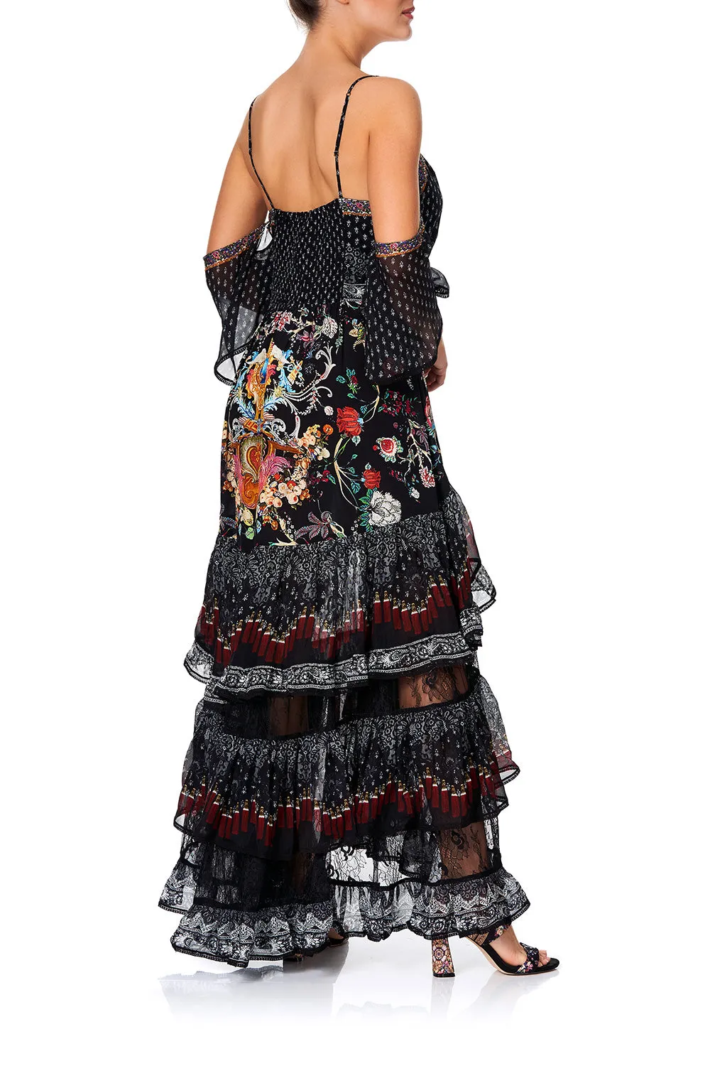 BUTTON-UP HIGH LOW DRESS WITH RUFFLE DETAIL HAUTE PROVINCIAL