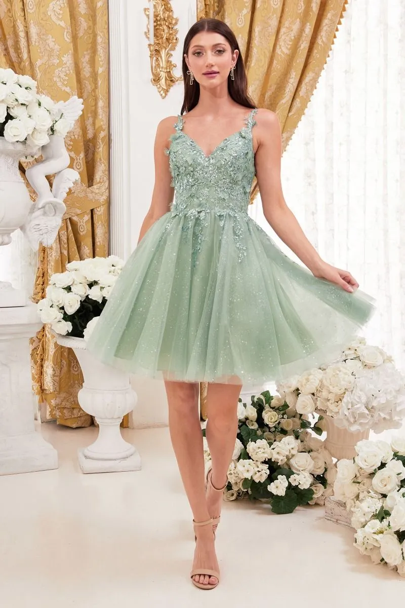 CD 9245 - Glitter Print A-Line Homecoming Dress with 3D Floral Applique & Layered Shimmer Tulle Skirt