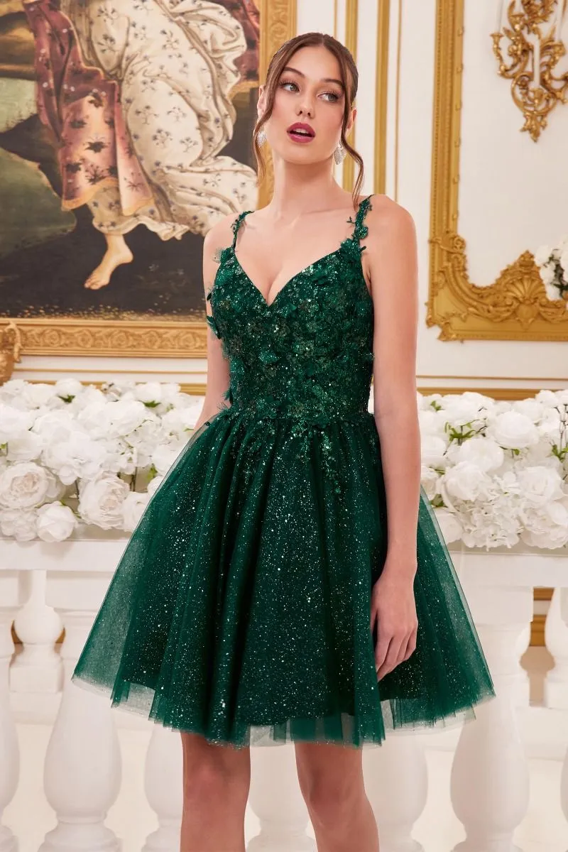 CD 9245 - Glitter Print A-Line Homecoming Dress with 3D Floral Applique & Layered Shimmer Tulle Skirt