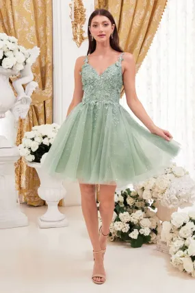 CD 9245 - Glitter Print A-Line Homecoming Dress with 3D Floral Applique & Layered Shimmer Tulle Skirt