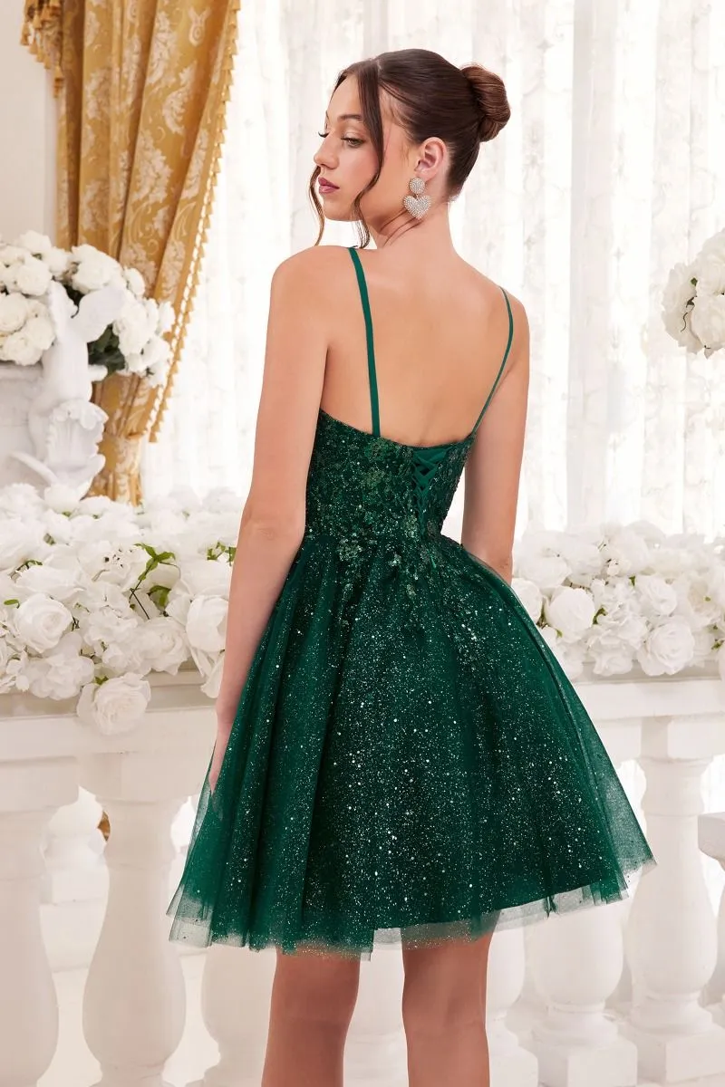 CD 9245 - Glitter Print A-Line Homecoming Dress with 3D Floral Applique & Layered Shimmer Tulle Skirt